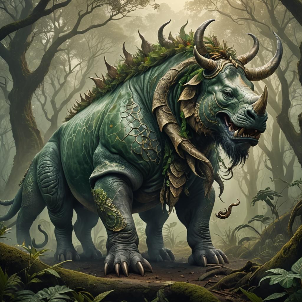 Serpent-Headed Rhino Creature in Ancient Forest