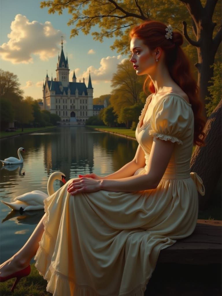 Woman Watching Swan at Castle During Golden Hour