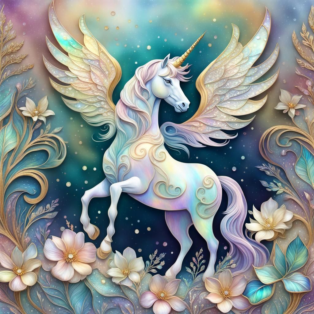 Iridescent Winged Unicorn in a Whimsical Fantasy Scene