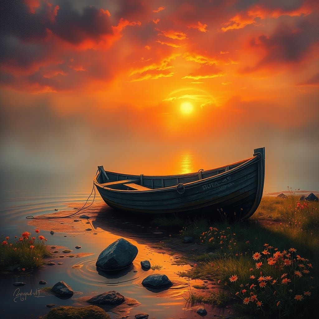 Golden Hour Boat on Serene Riverbank