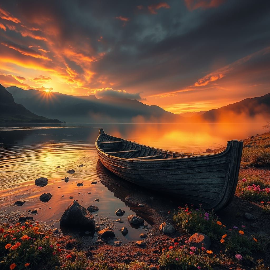 Ancient Boat Reclaimed by Nature in Vibrant Sunset