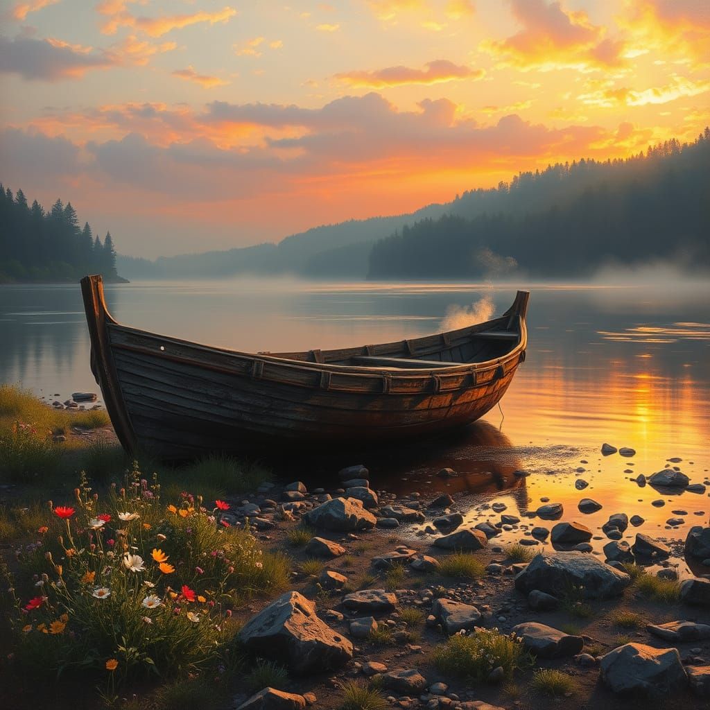 Ancient Boat on Serene Riverbank in Sunset Glow