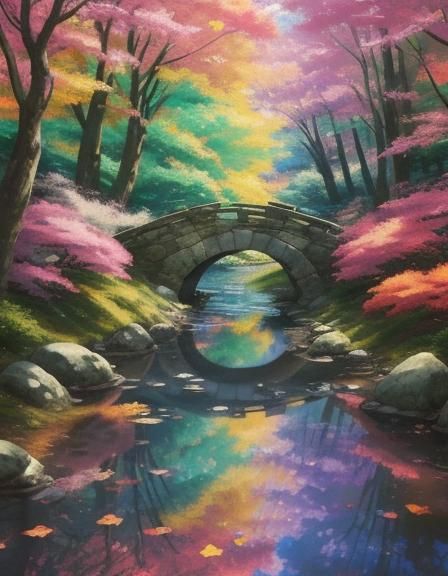 Magical Forest Stone Bridge in Anime Style