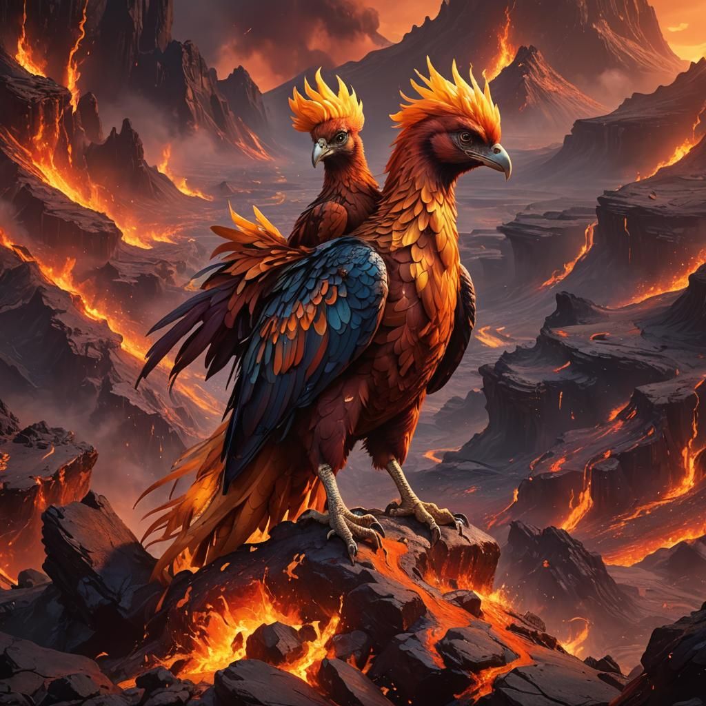 Baby Phoenix in Fiery Landscape: Vibrant Oil Painting