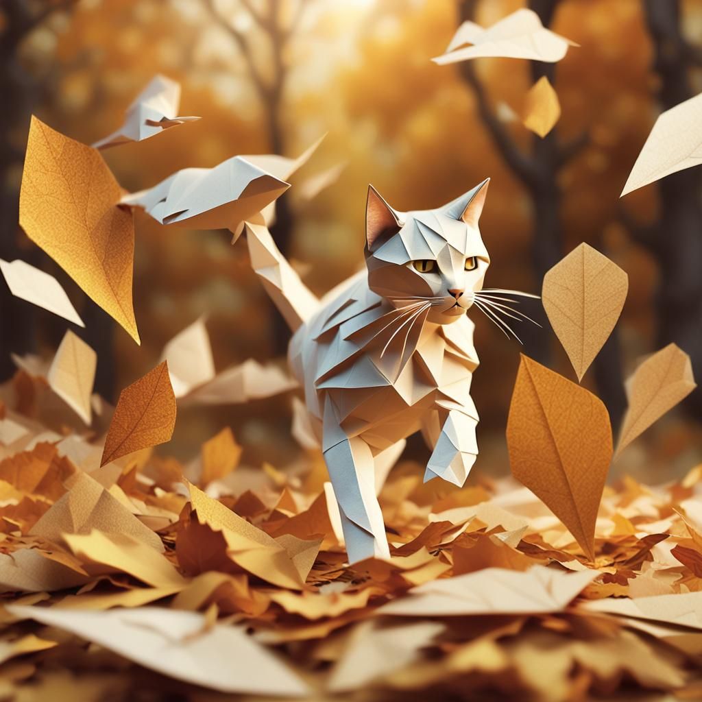Cat Pouncing on Autumn Leaves in Paper Collage Art