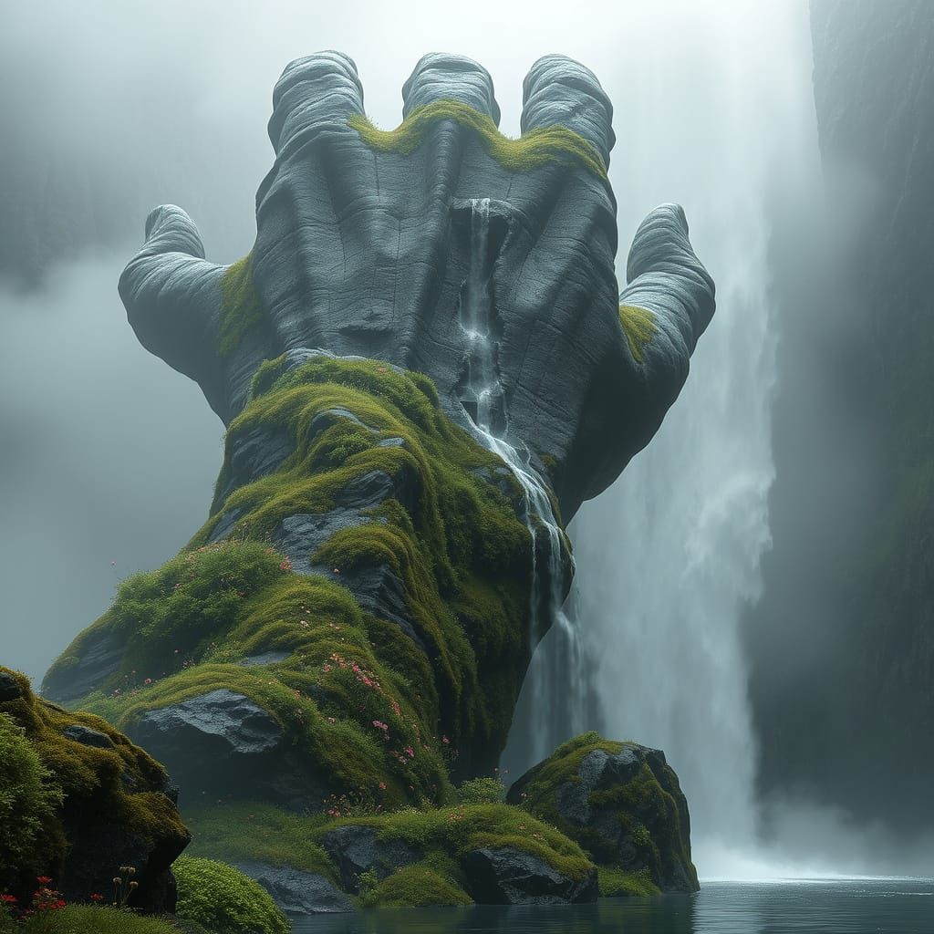 Ancient, Mystical Stone Hand Emerge from Misty Waters