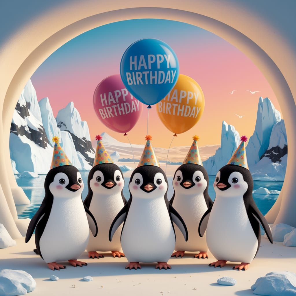 "Happy Birthday" with cute penguins