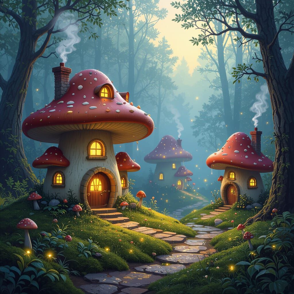 Whimsical Mushroom Village in Enchanted Forest