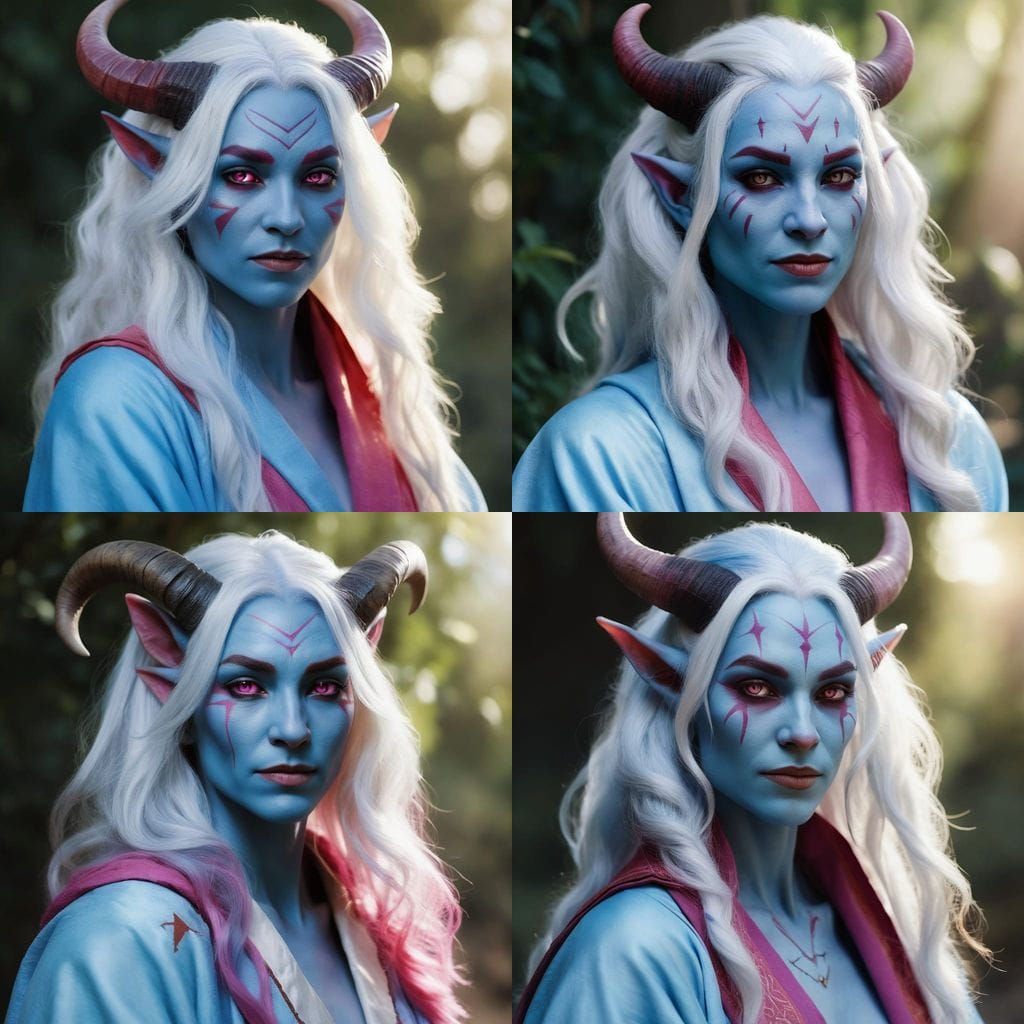 Tiefling Cleric Portrait: Blue Skin, Pink Hair