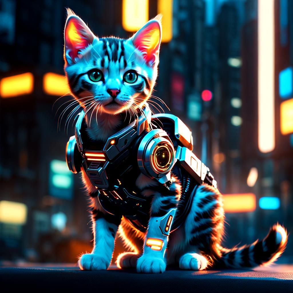 Cute Cyborg Kitten in Cyberpunk Cityscape