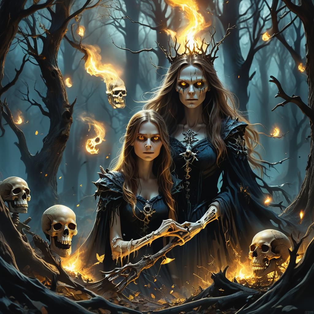 Mystical Witch Casts Spell in Dark Fantasy Forest