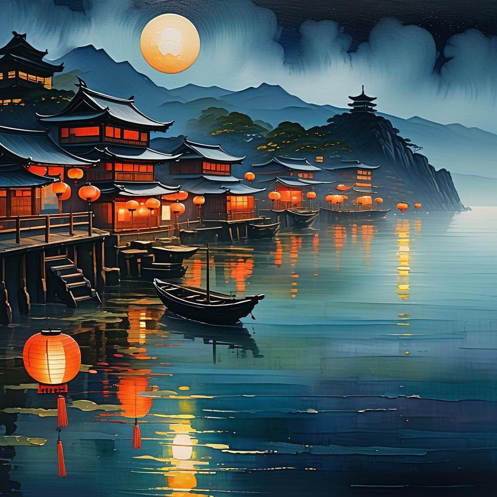 Misty Japanese Coastal Cityscape at Night as Impressionism G...