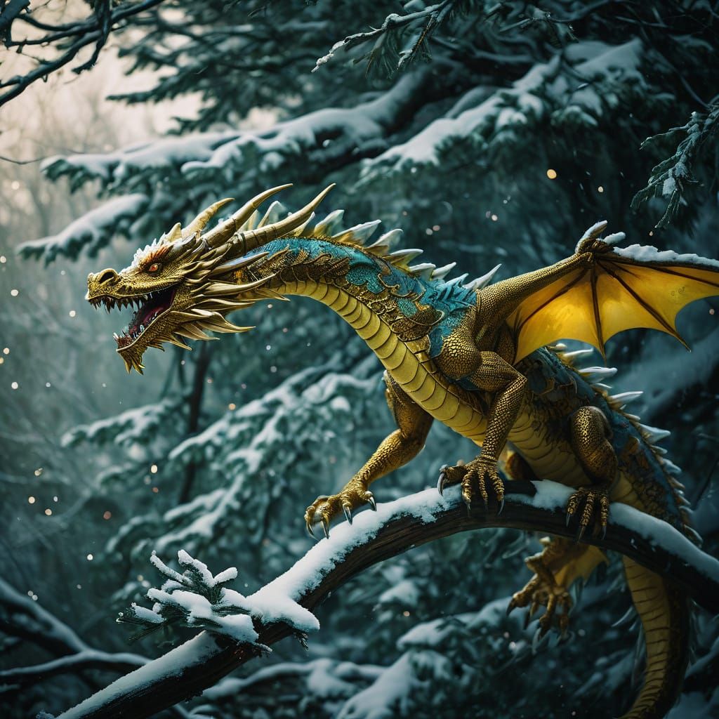 Ethereal Fabric Dragon Amidst Snowy Branch