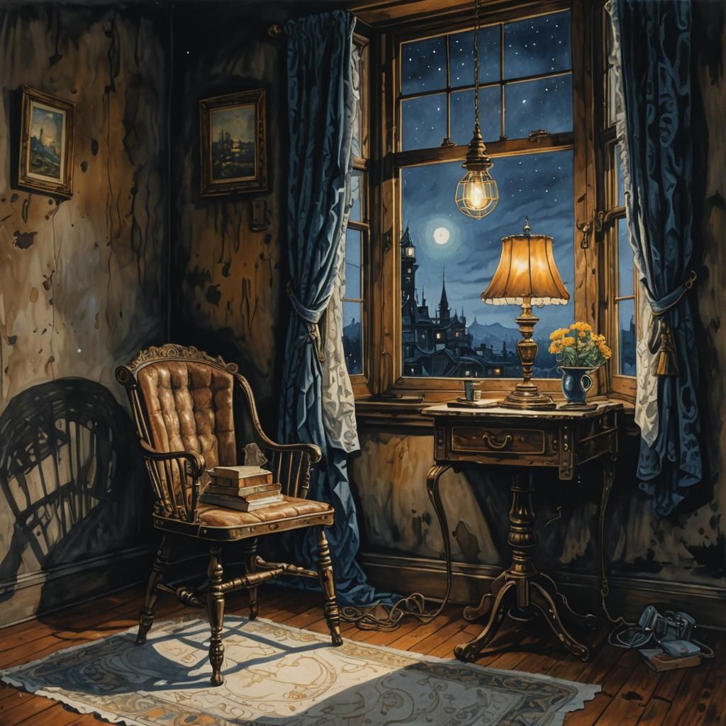 Rustic Steampunk Chair by Window in Watercolor