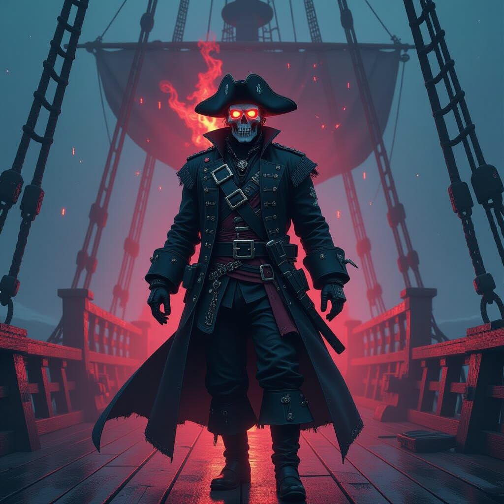 Spectral Pirate Captain on Ghost Ship in Glitchcore Style