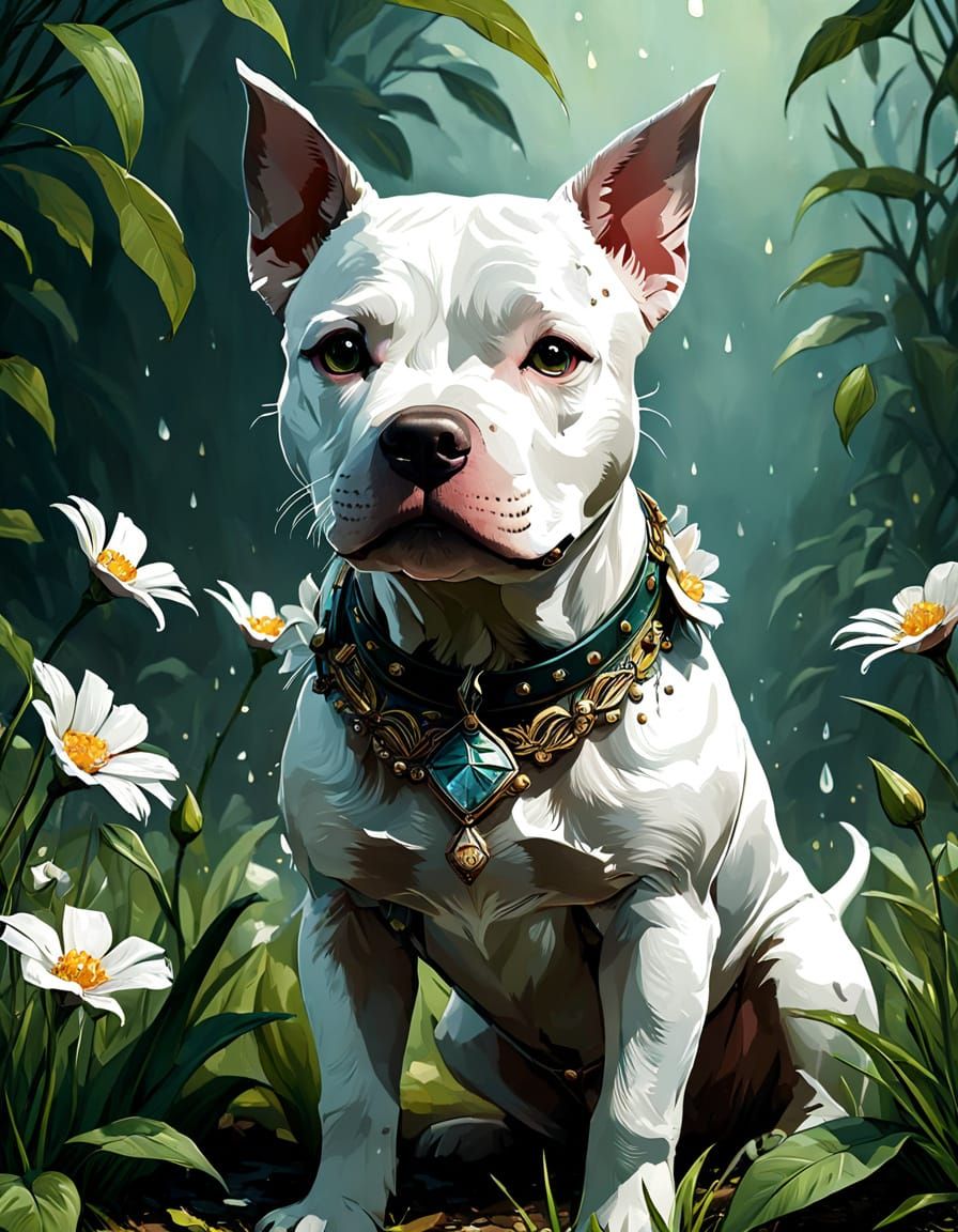 Vibrant Floral Portrait of a Baby Pitbull Elkhound Mix