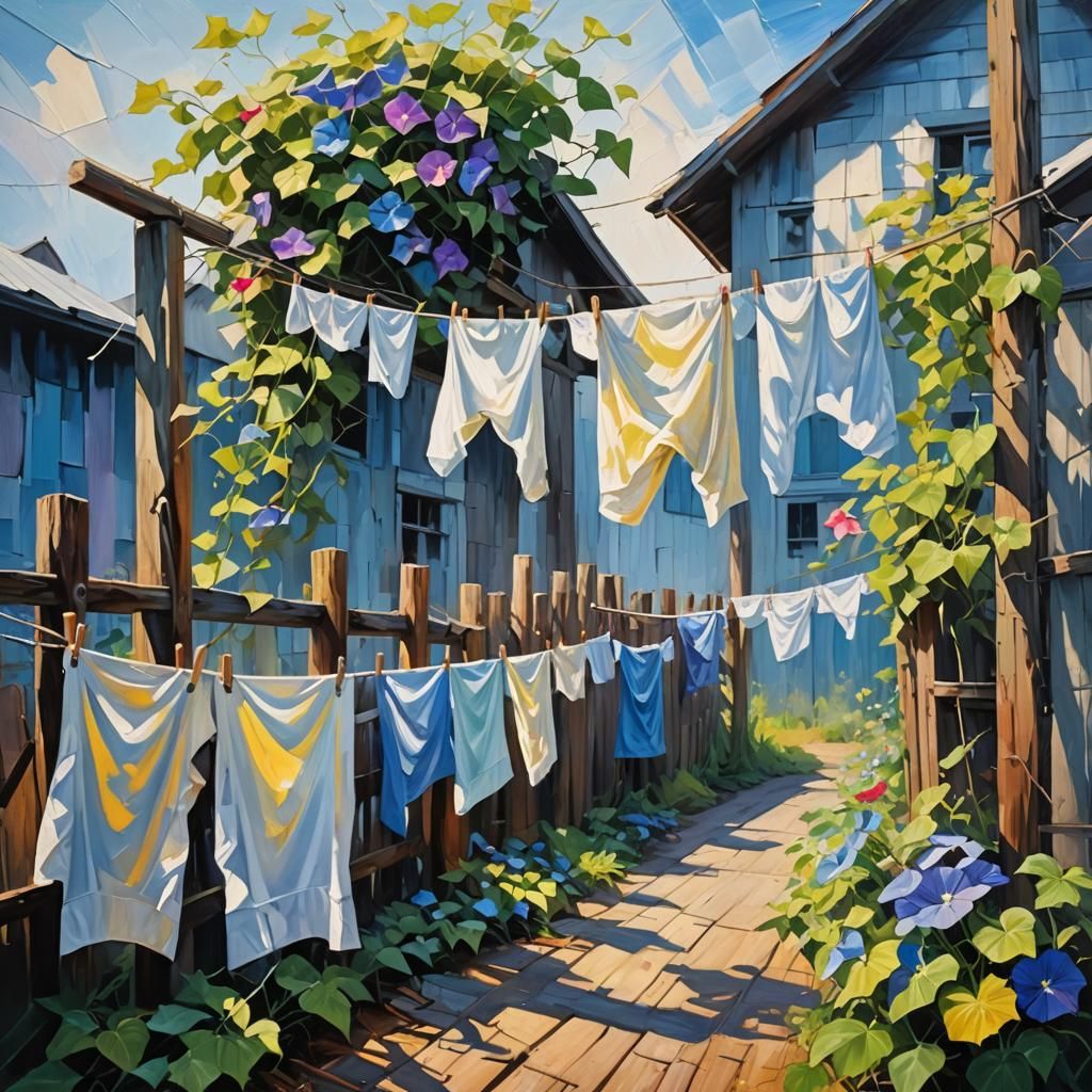 Expressionist Laundry with Morning Glories in Oil