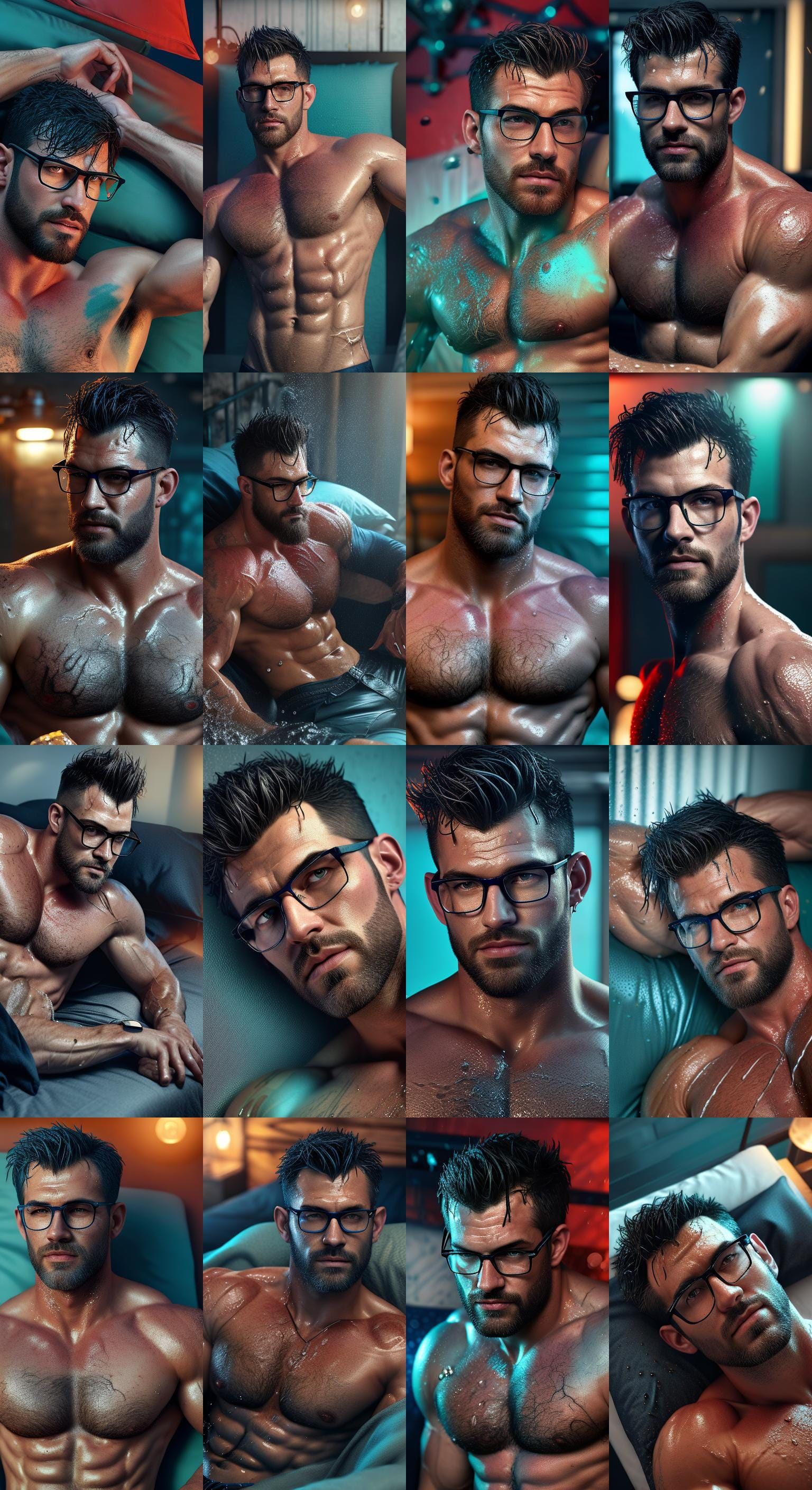 Hyperrealistic Wet Muscle Hunk in Dimly Lit Room