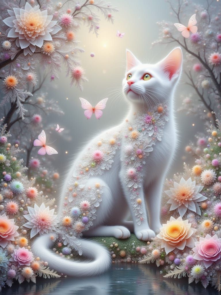 Whimsical Fractal Landscape with White Cat and Butterflies