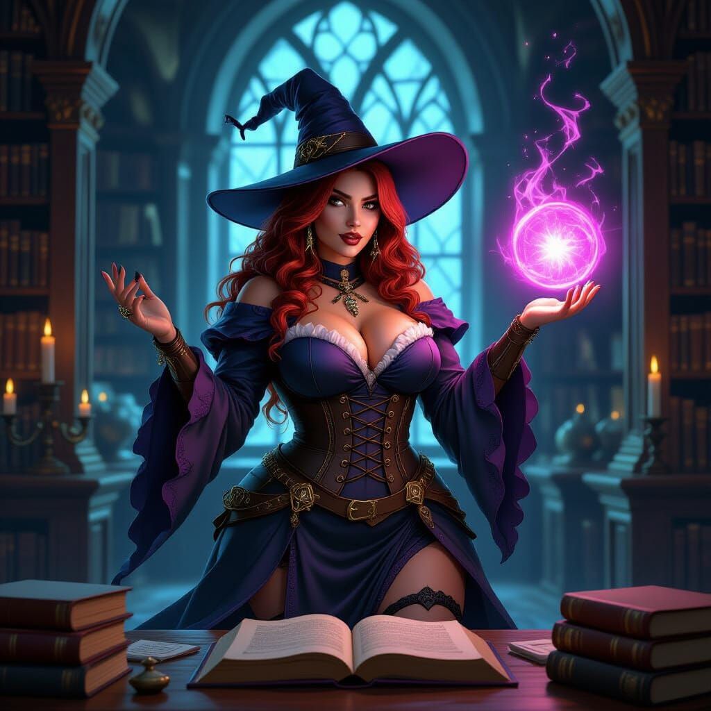 Curvy Witch Casting Spell in Library