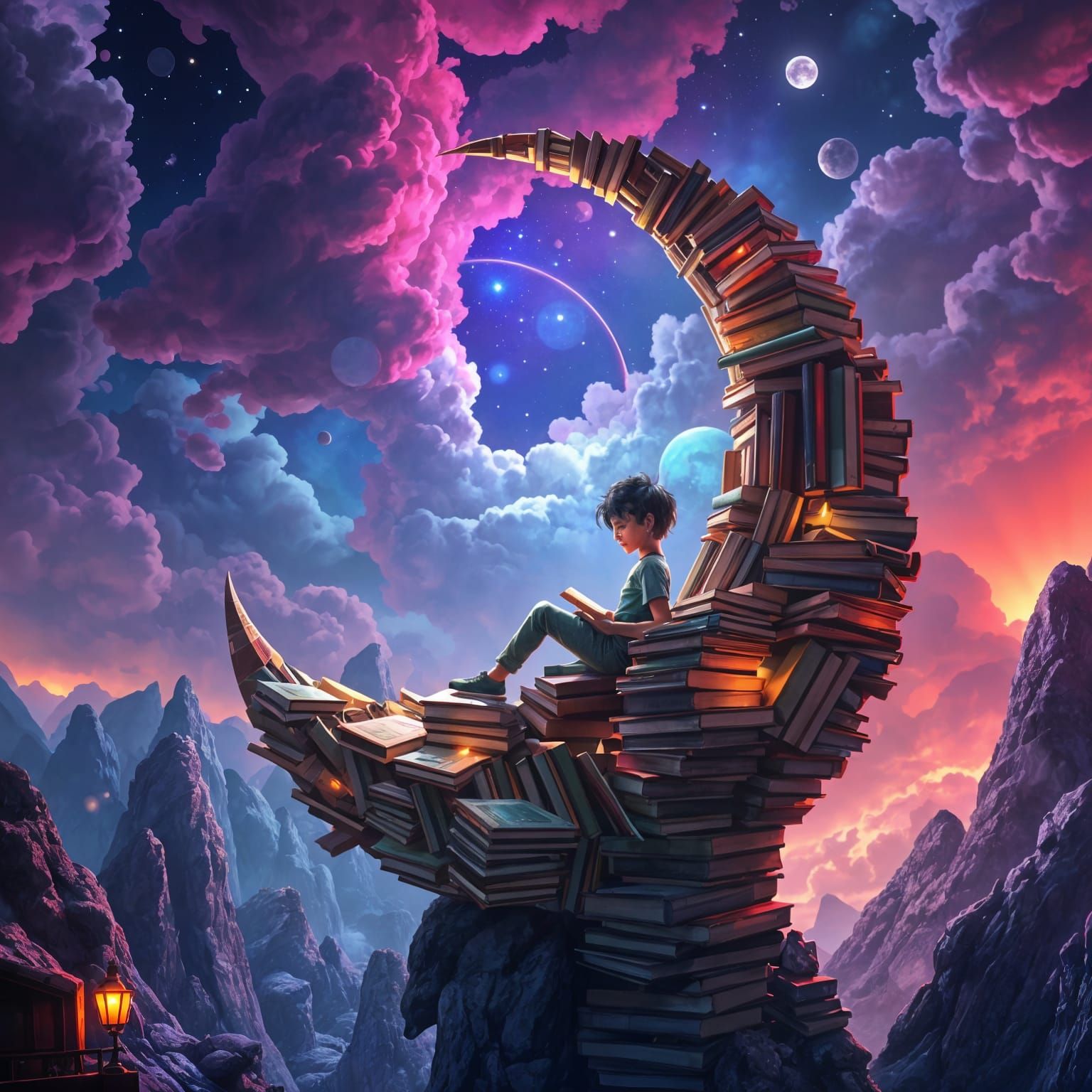 Surreal Boy Reads on a Towering Crescent Moon Library