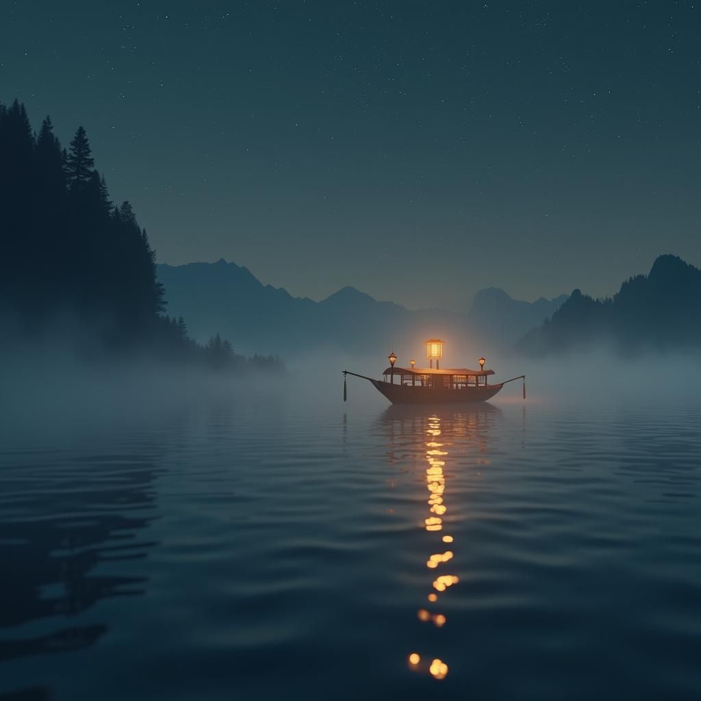 Ethereal Lake Scene with Chinese Boat