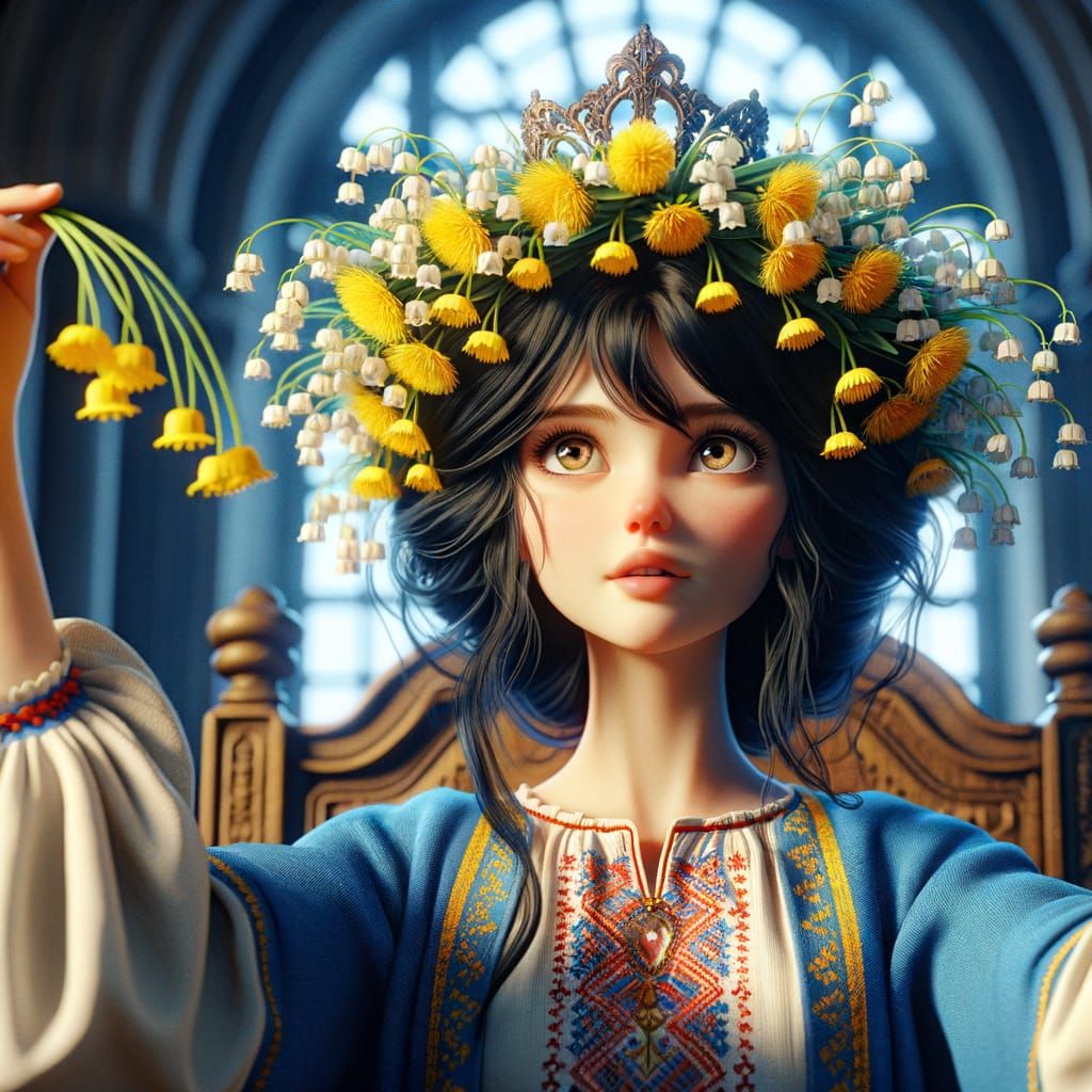 Classical Animation Queen with Yellow Dandelion Wreath and B...