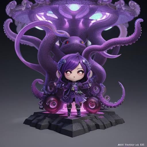 Cute Purple Chibi Octopus in 3D Anime Art