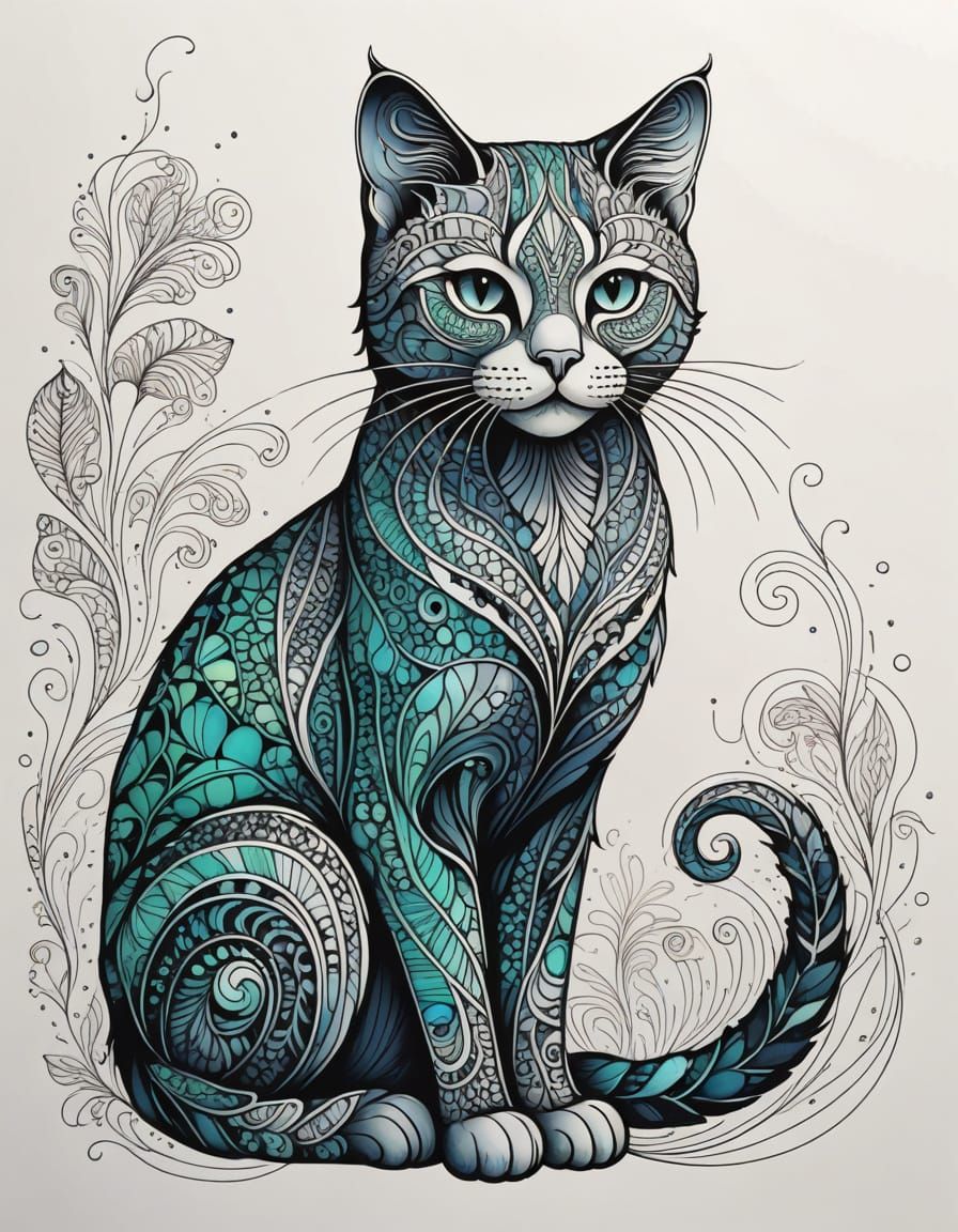 Ethereal Line Art Cat in Iridescent Colors