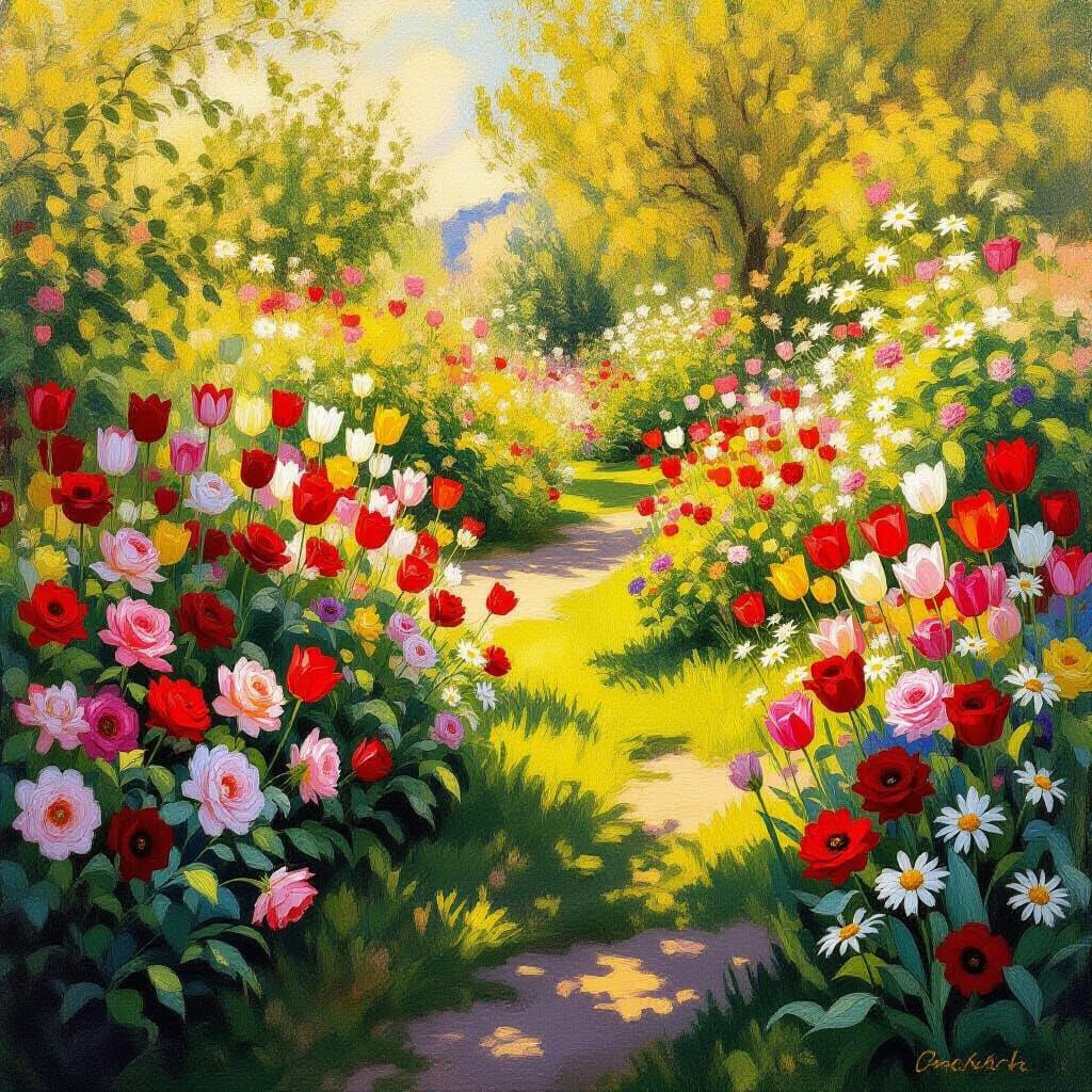 Lush Garden in Full Bloom: Impressionist Style