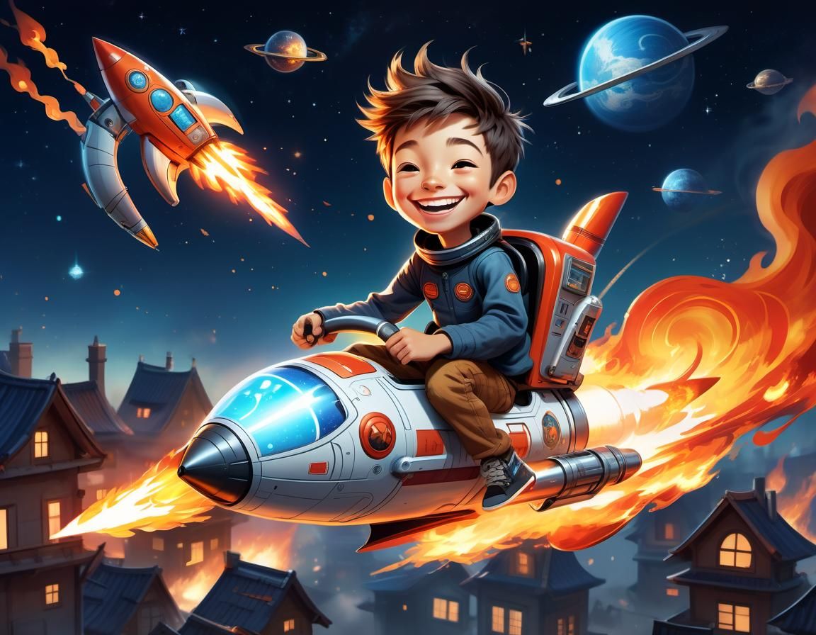 Boy Zooms Through the Night Sky on Rocket