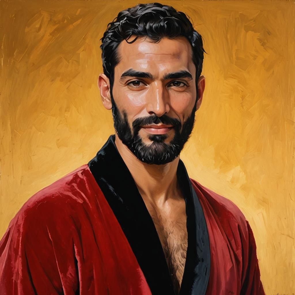 Bearded Man in Red Robe: Impressionist Oil Painting