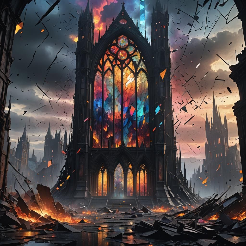 Shattered Stained Glass Sky Over Misty Wasteland
