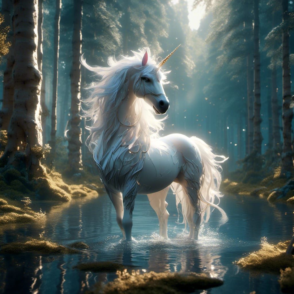 White Unicorn in Forest at Golden Hour