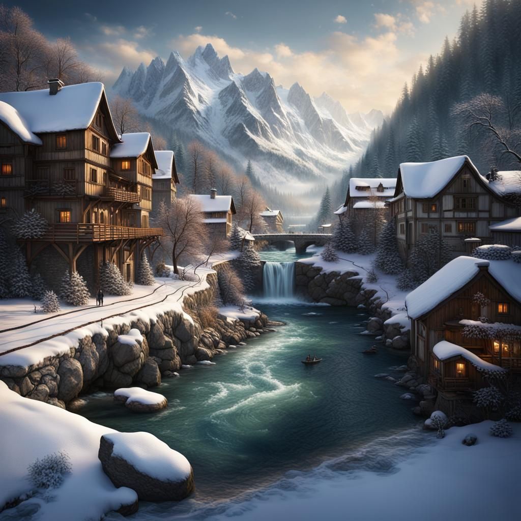 Snowy Village Riverscape Digital Matte Painting