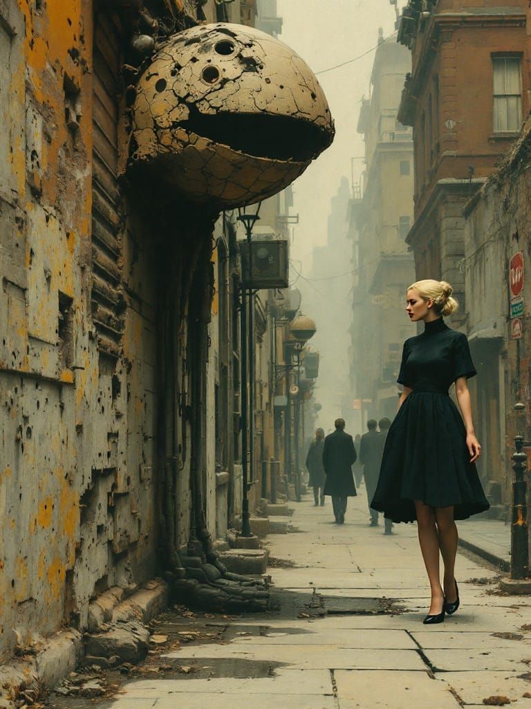 Surreal Pin-Up on City Sidewalk in Dreamlike Style