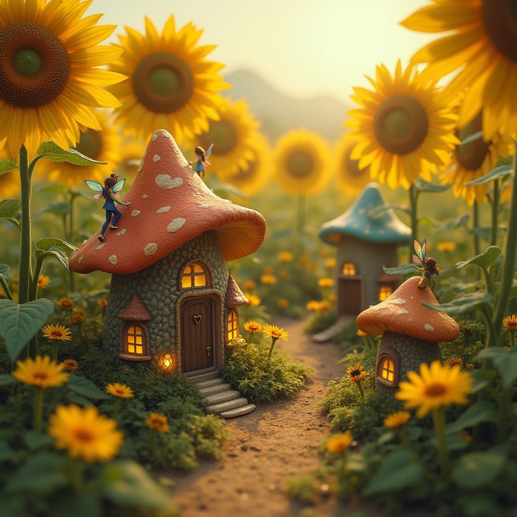 Fairy Village in Sunflower Field, Art Nouveau Style