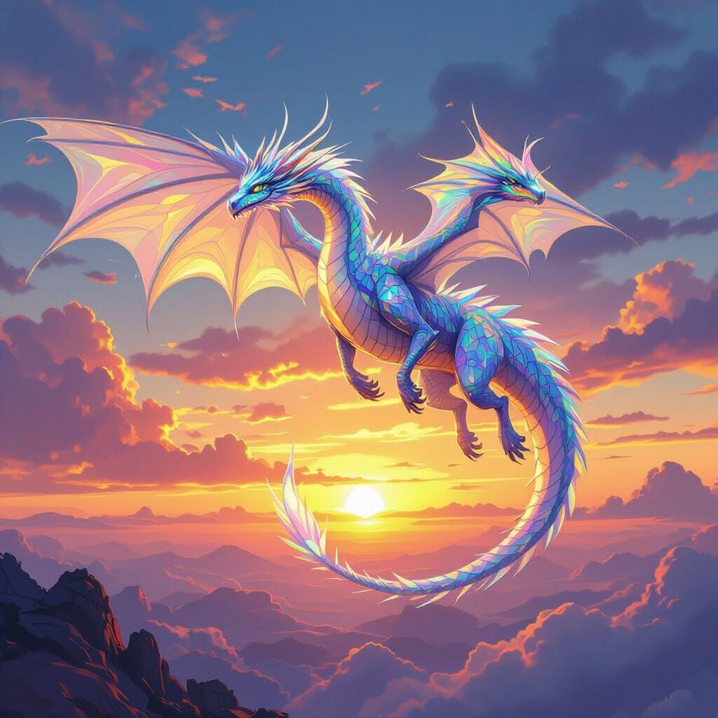 Iridescent Crystal Dragon Sunset Flight