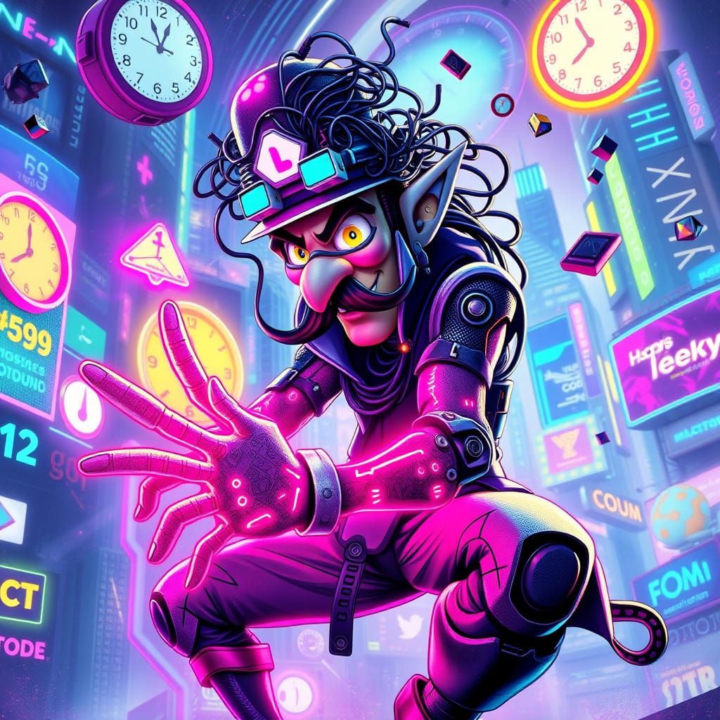 Cyberpunk Waluigi: Futuristic Hacker in Neon-Lit Vortex