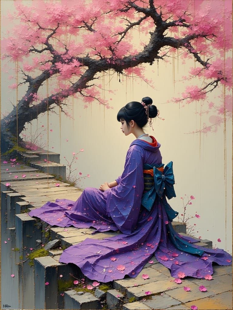Samurai Geisha Under Cherry Blossoms as Impasto Painting