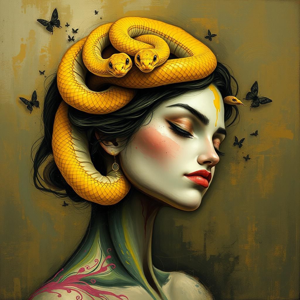 Woman Dancing with Snake: Abstract Art in Complementary Colo...