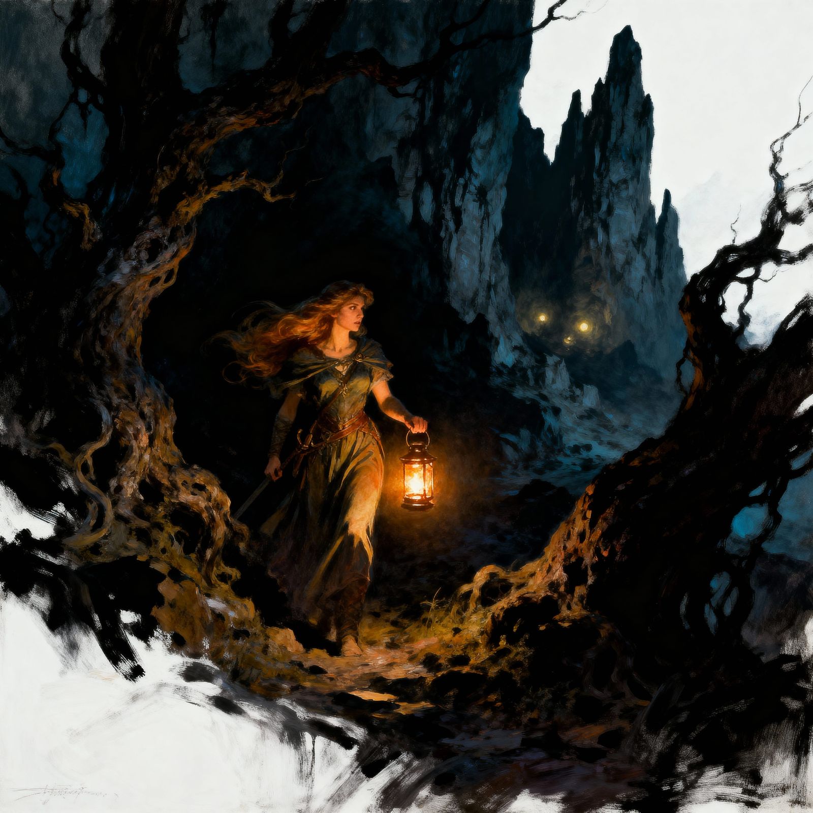 Maiden with Lantern in Dark Fantasy Landscape