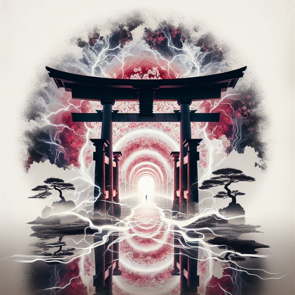 Ethereal Torii Gate with Sakura Sunset and Divine Realm