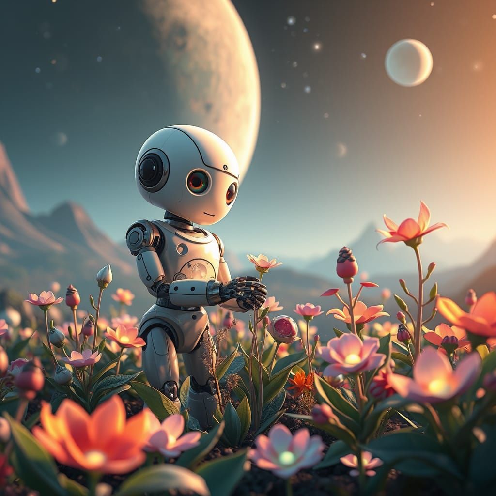 Whimsical Robot Nurtures Alien Garden in Dreamlike Pastel Hu...