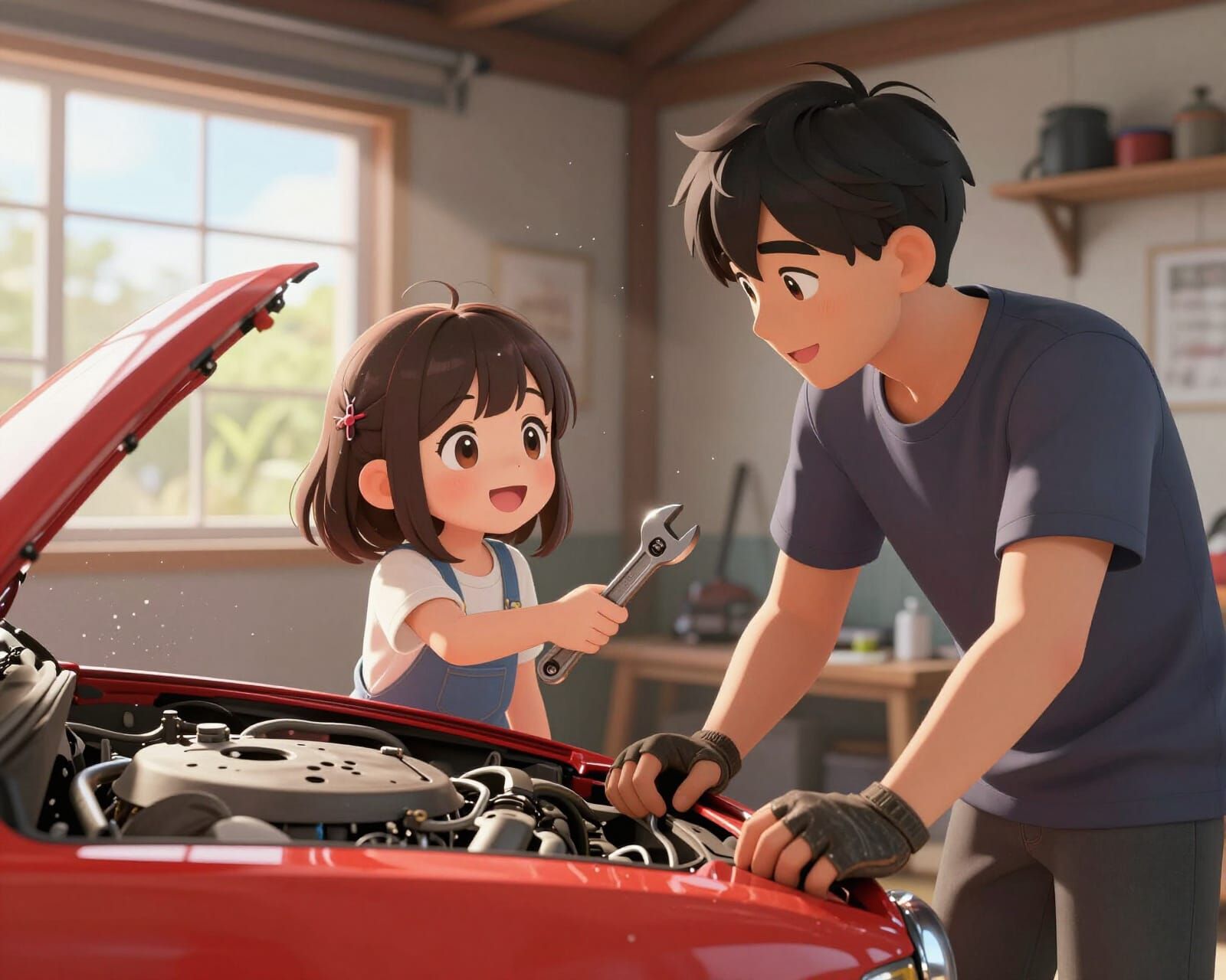 Girl Hands Dad Wrench in Detailed 3D Anime Garage Scene