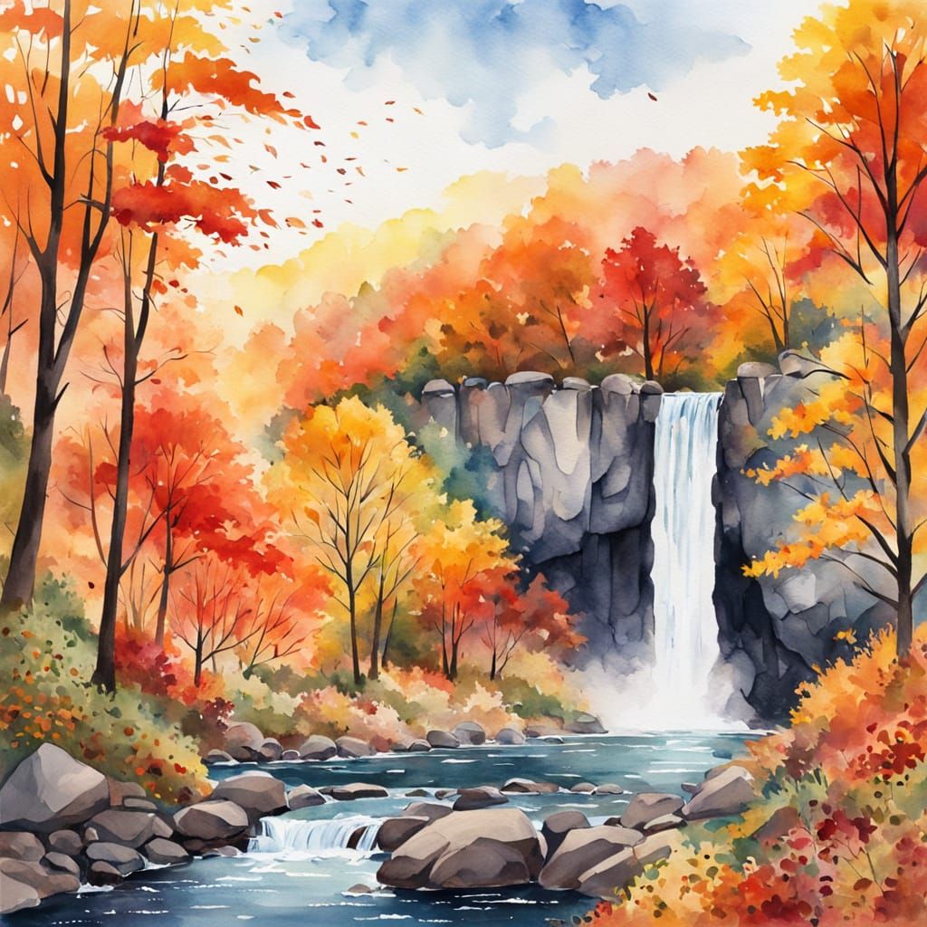 Watercolor Waterfall in Autumn Forest at Sunrise