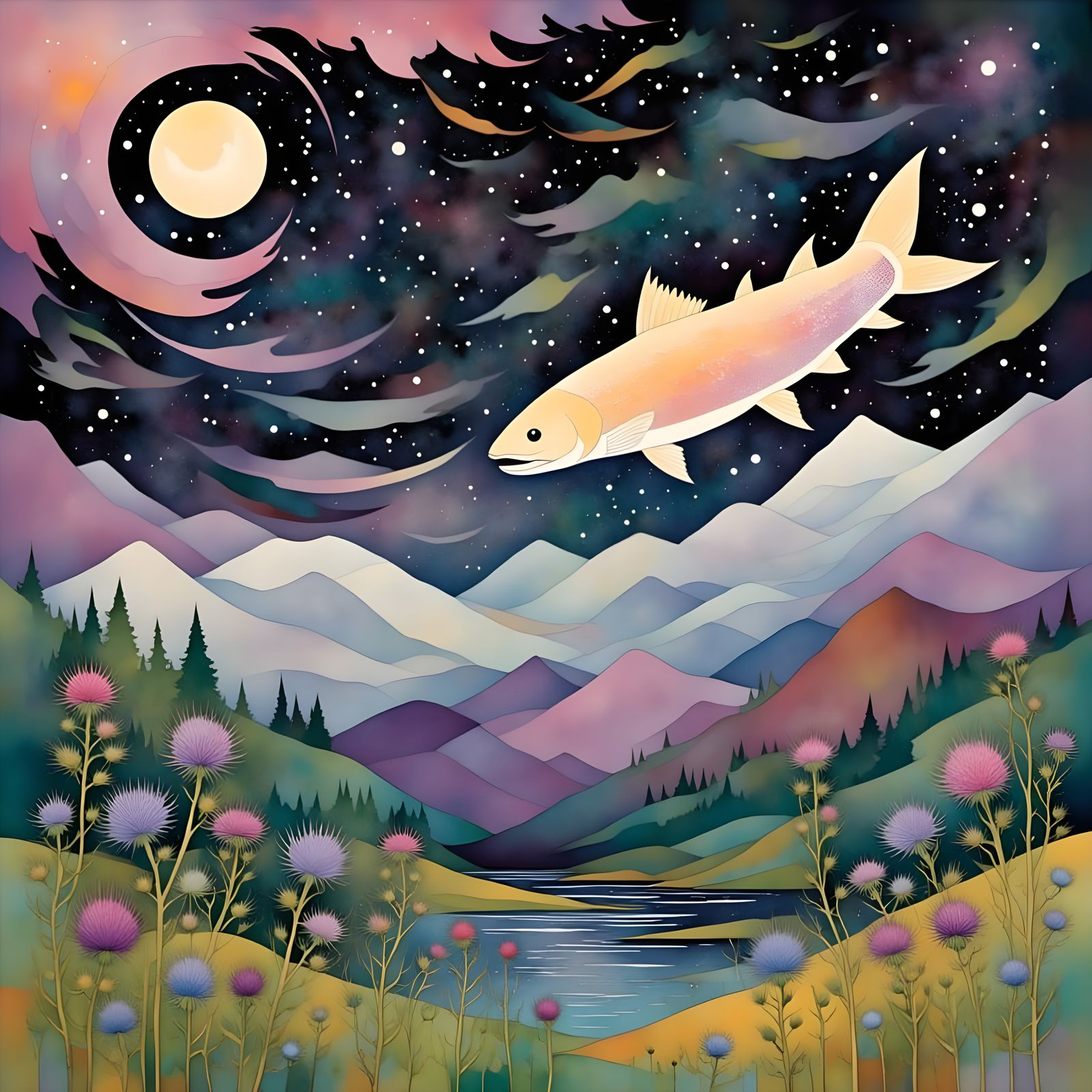 Enchanted Scottish Highlands in Vibrant Pastel Hues