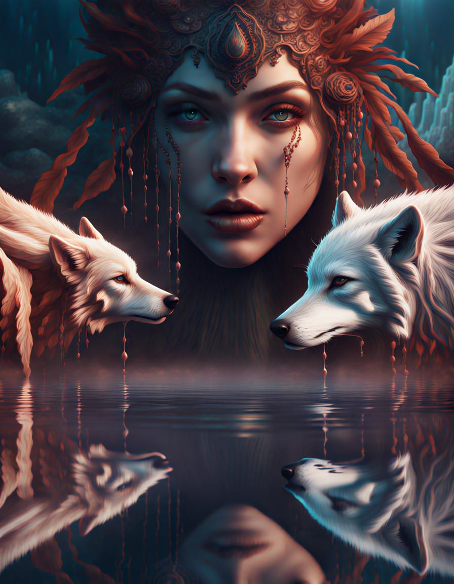 Woman and Wolf Reflection in Detailed Digital Painting