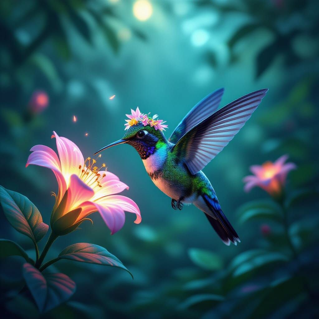 Bioluminescent Hummingbird in Jungle Clearing