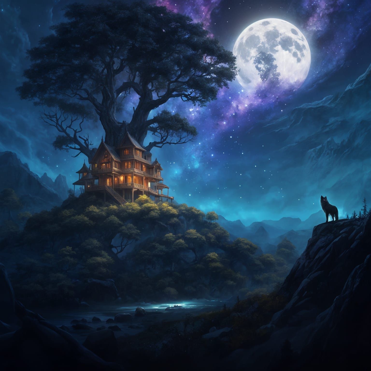 Wolf Leader Surveys Serene Forest Nighttime Scene